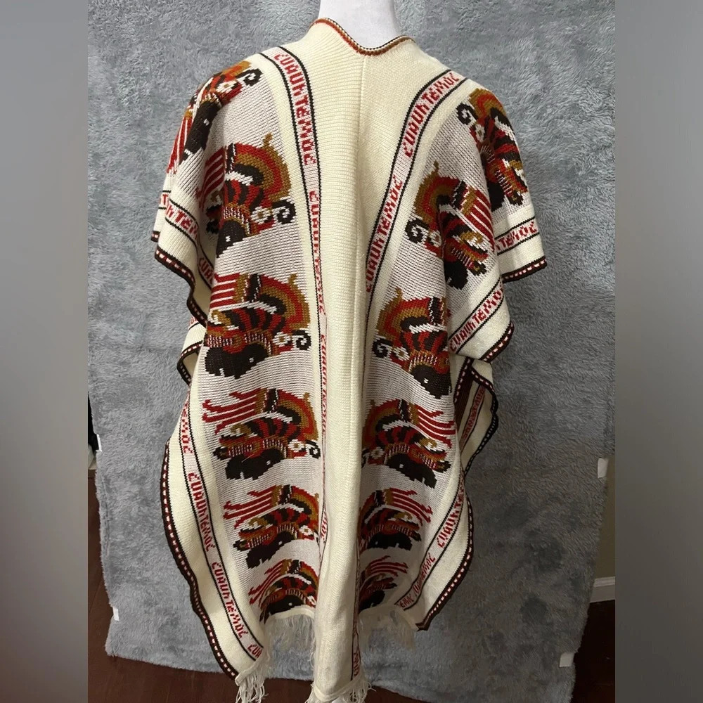Cuauhtemoc Poncho Knitted Mexican Aztec Native Indian Fringe One Size - Picture 2 of 4